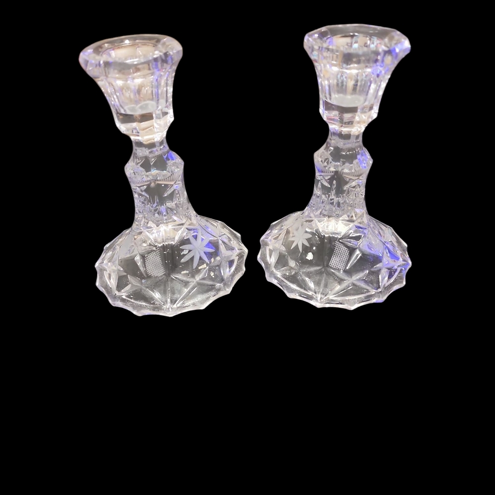 Vtg American Elegant Lead Crystal Short  Candle Taper Holders Set 2